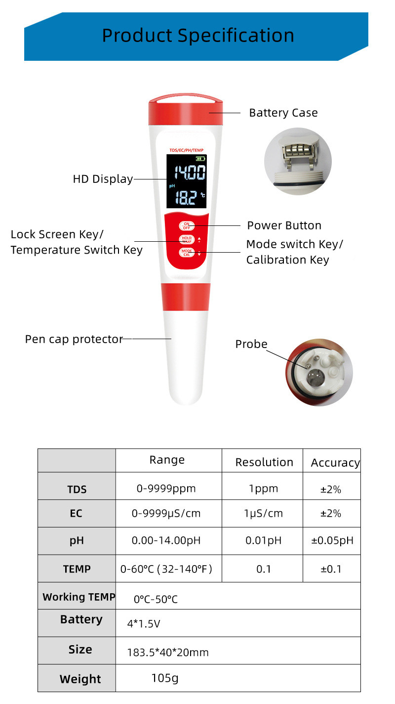 PH Range Accuracy±0.05 pH Digital Water Tester for Pool Aquariums Drinking Water