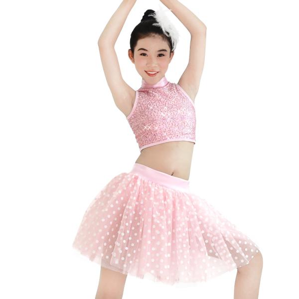 Two Piece Dance Performance Outfits Sequins High Neck Sleeveless Top and Tutu