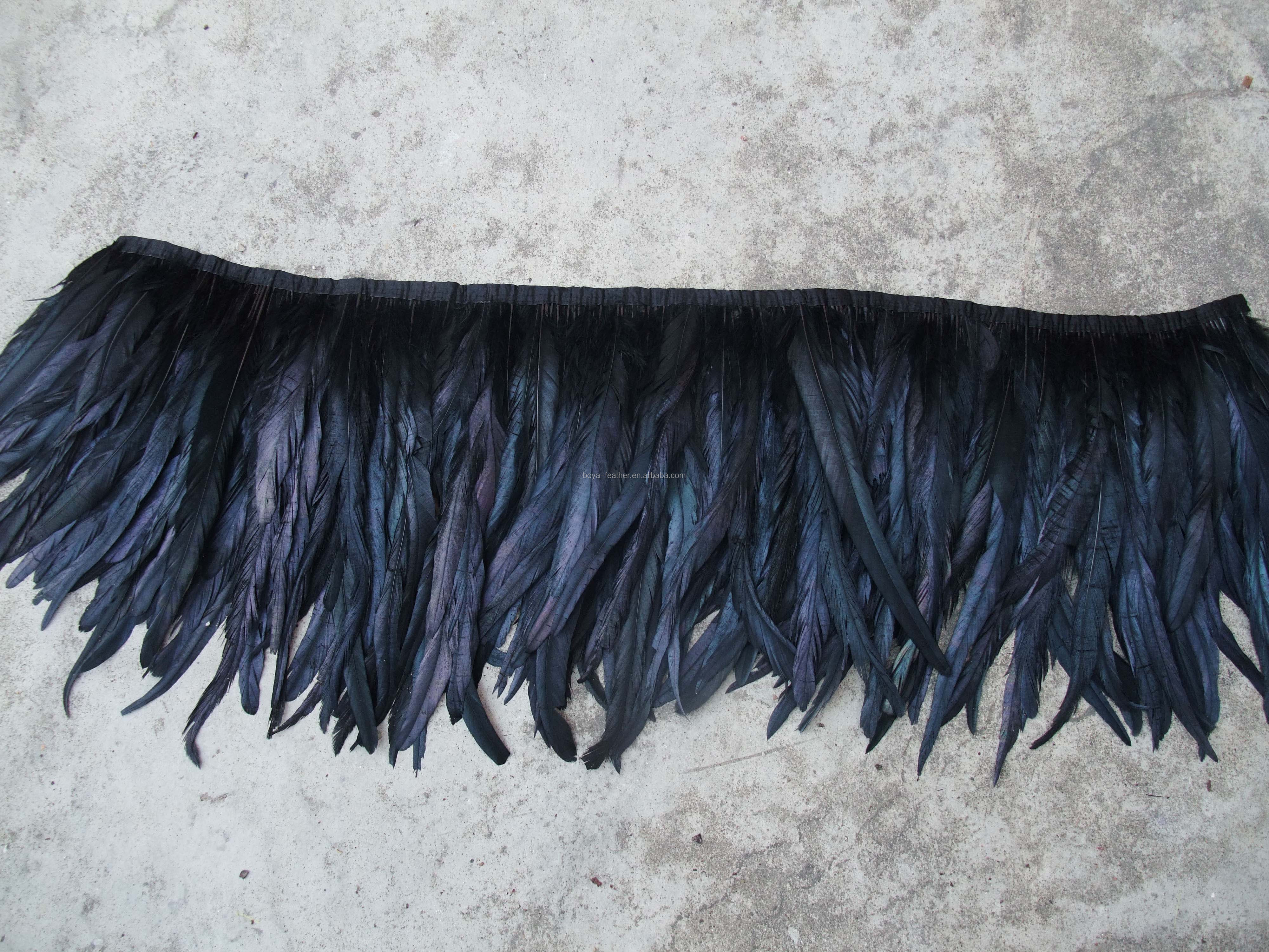 Black Rooster Cock Coque Feather Trim With Satin Ribbon Tapes And Chicken Feather