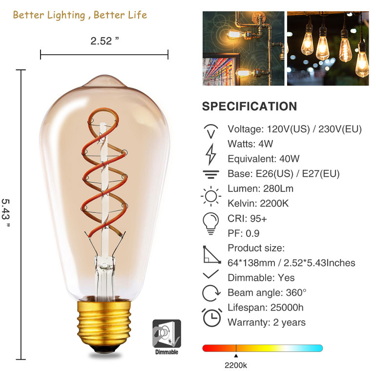 ST64 Amber Spiral LED Filament Bulb 4W , 230V LED Antique Bulb