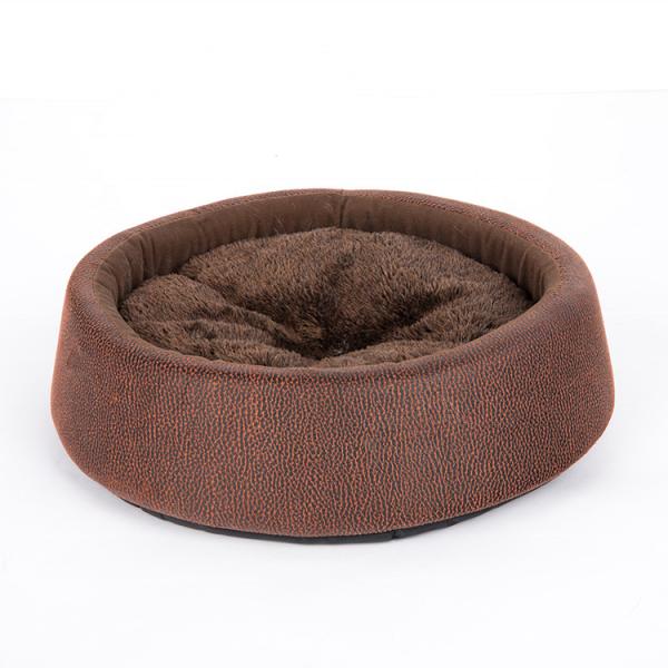 Weigth 270g Soft Round Cat Bed Brown Color PU Leather Material Customized Logo