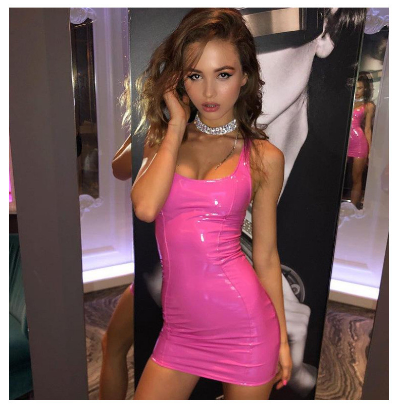 U Neck Sleeveless PU Leather Mini Dress