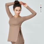 One Side Pleated Women Yoga Tops Long Sleeve Split Sports Breathable