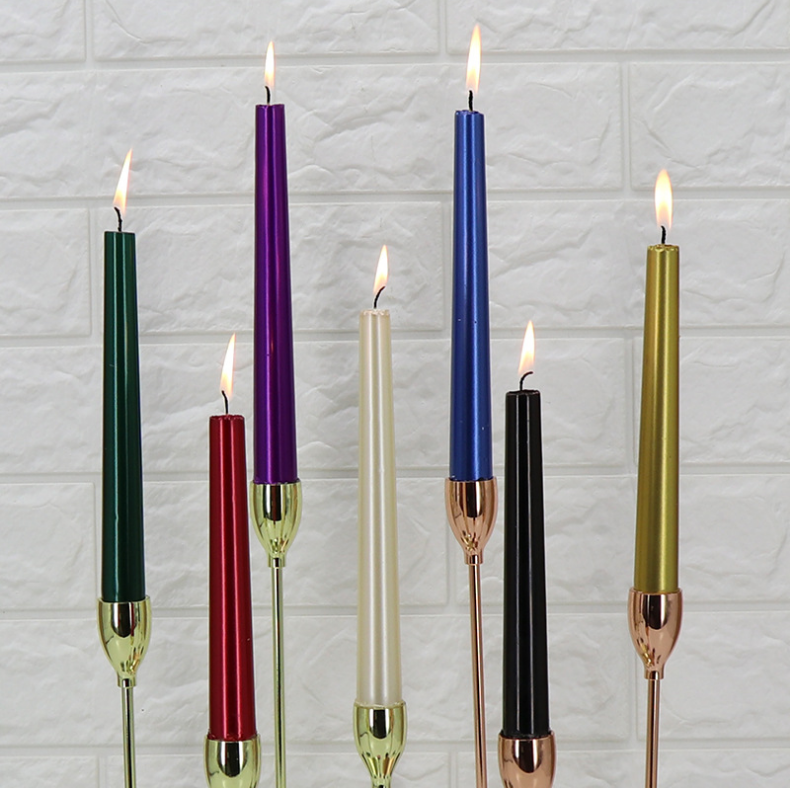 Factory wholesale high quality electroplating multiple colored gold silver long burning non drip taper candles