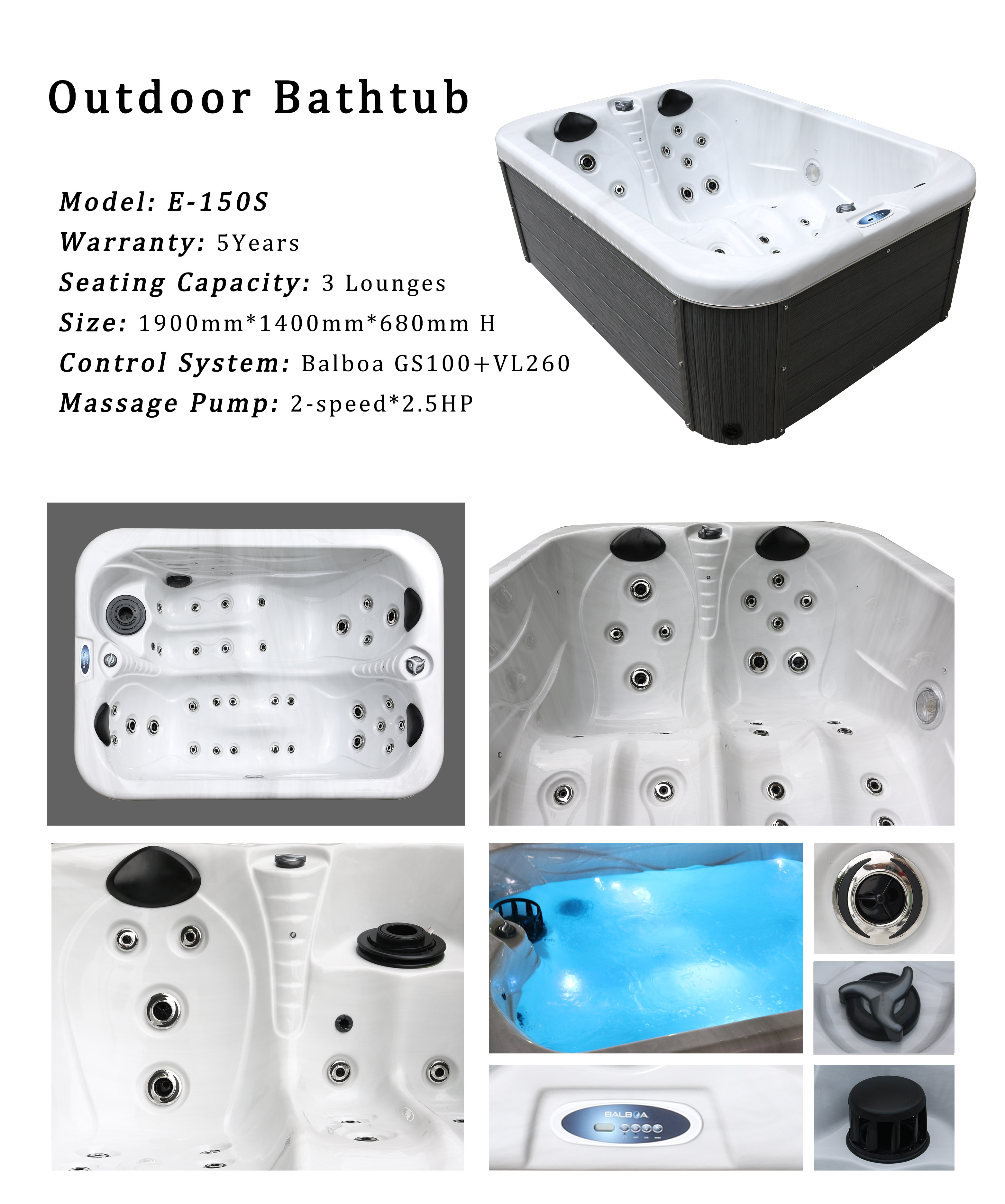 New Style Outdoor Whirlpools Spa Hot Tub With Reversible Lounge