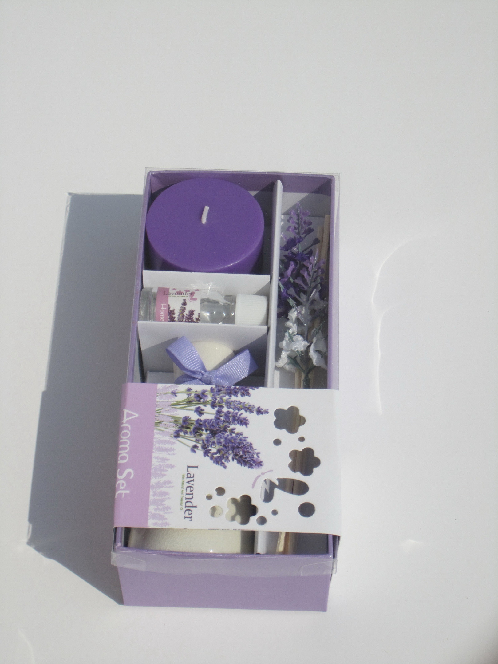 Purple lavender fragrance scented pillar candle & essential oil with printed label packed into gift box