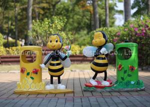 Quality Fiberglass Honeybee Cartoon Character Statues Decorative With Metal Trash Can wholesale
