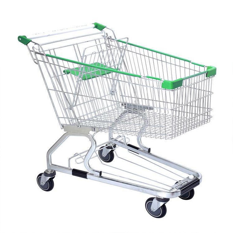 Four Wheels Metal Supermarket Shopping Trolley Foldable Handle Type