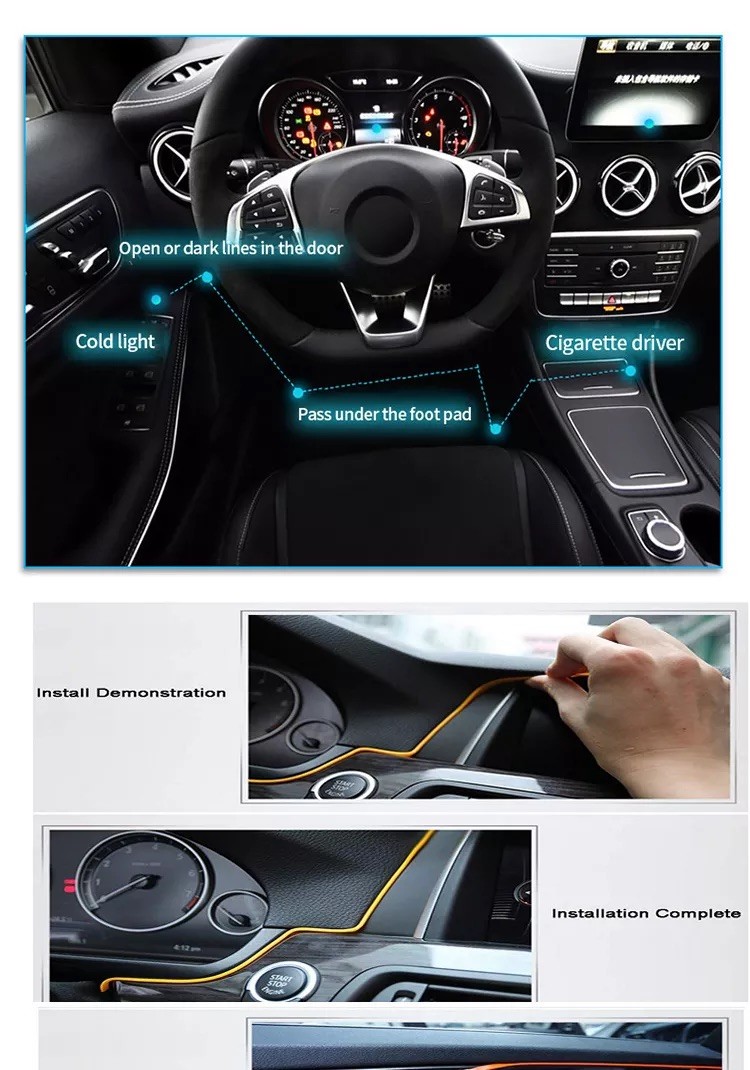 RGB Neon Decorative EL Wire Car Interior Atmosphere Lights USB DIY cold light line