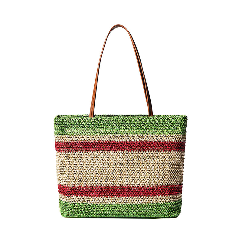 Lightweight Striped Woven Tote Bag Large Capacity Single Shoulder