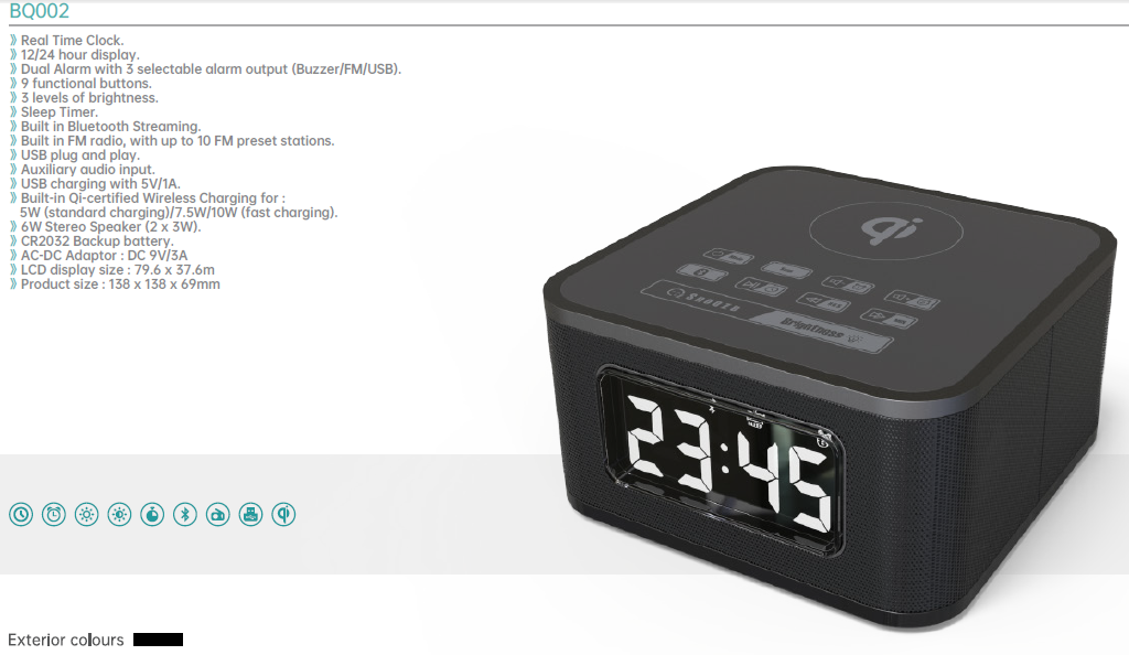 FM Clock Radio with Wireless Charger and USB Charger Black or Customized Product