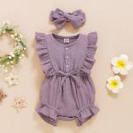 In Stock Summer Baby Girls Romper + Headband Cotton Linen Ruffles Sleeveless