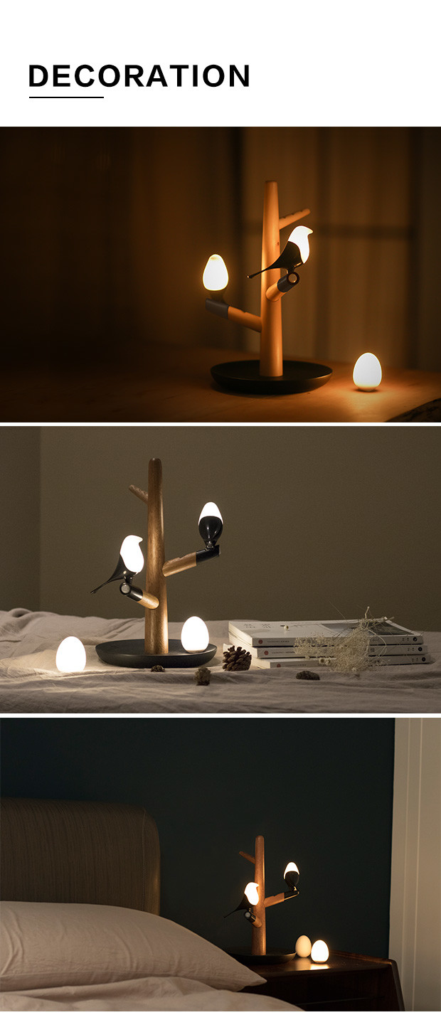 Motion Activated LED Sculpture bird Lamp dimming HomeTree Technology – Wireless Charging Beech Maglamp