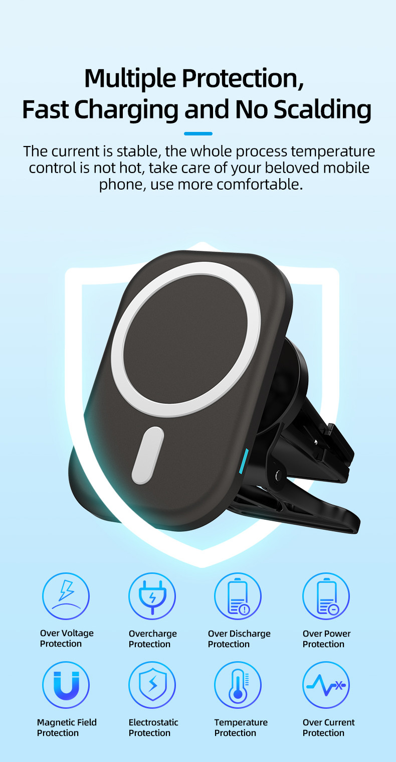 15W Magnetic Wireless Car Charger Air Vent Mounting with ABS Silicone Gel Material