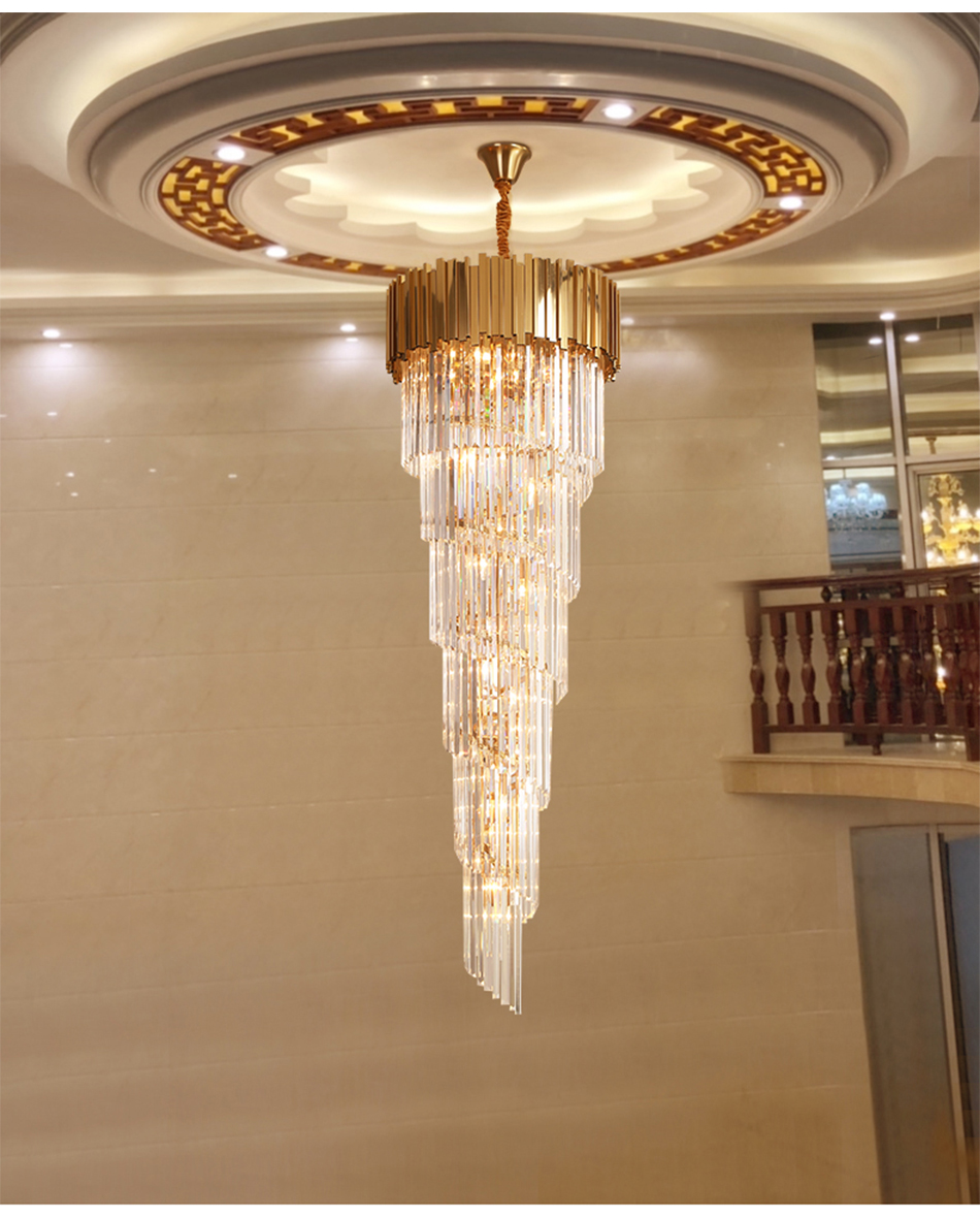 Hotel Theater Villa Large Chandelier Lighting Luxury Stainless Steel Multi-layer Top Long Crystal Lamp(WH-NC-47)