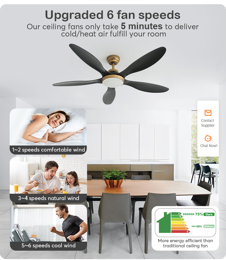 1stshine 56" Dimmable LED Lighting Ceiling Fan with 5 Black ABS Blades ROHS Certified
