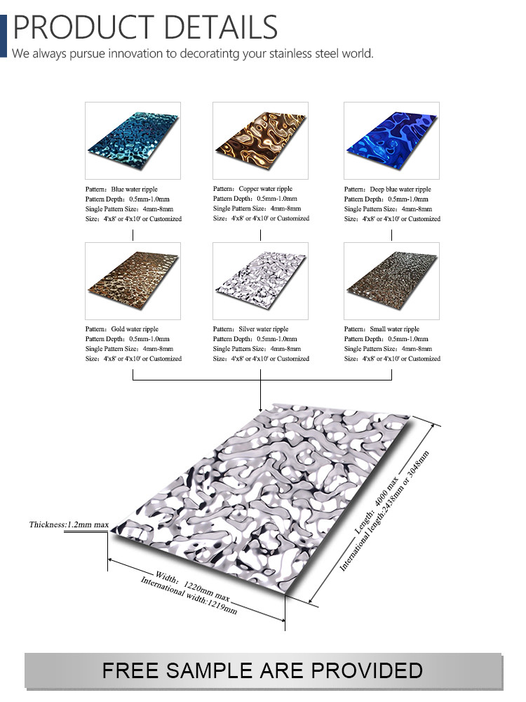 304 Silver Stainless Steel Wall Plate Sheets Embossed Black Mirror Water Ripple