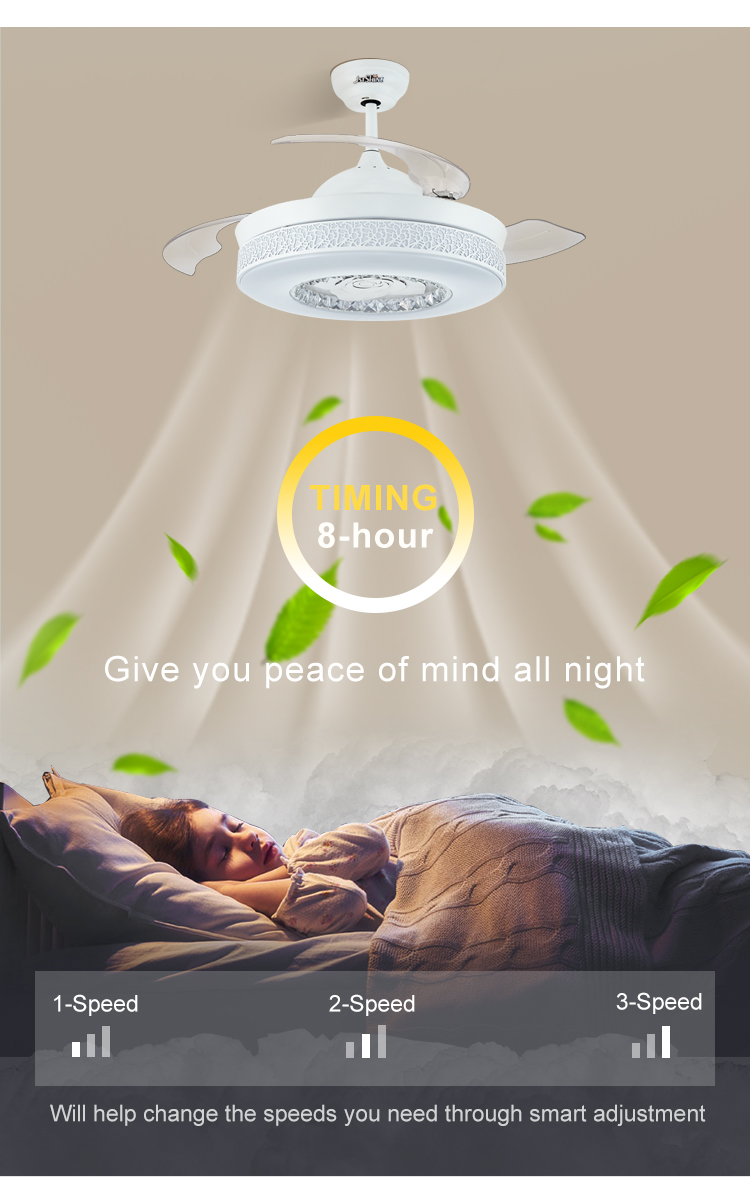 Low Watt Elegant White Color Retractable Ceiling Fan Light with Crystal Lampshade