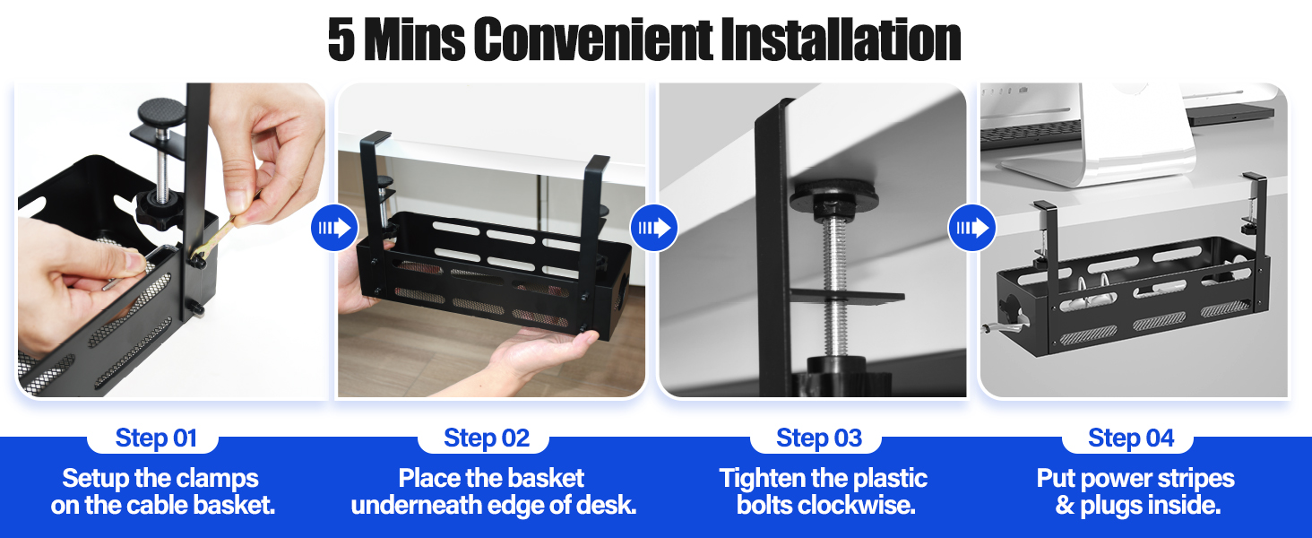 Space-saving Under Desk No Drill Cable Management Tray with Metal Wire Management Box