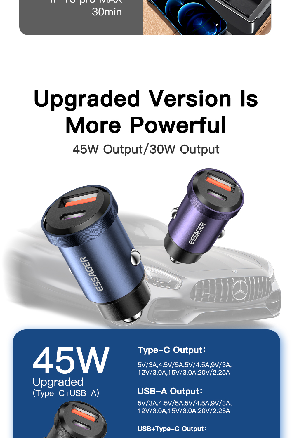 Essager 2022 Gyroscope New Type-c + USB-A USB QC3.0 30W 45W Mini Car Charger