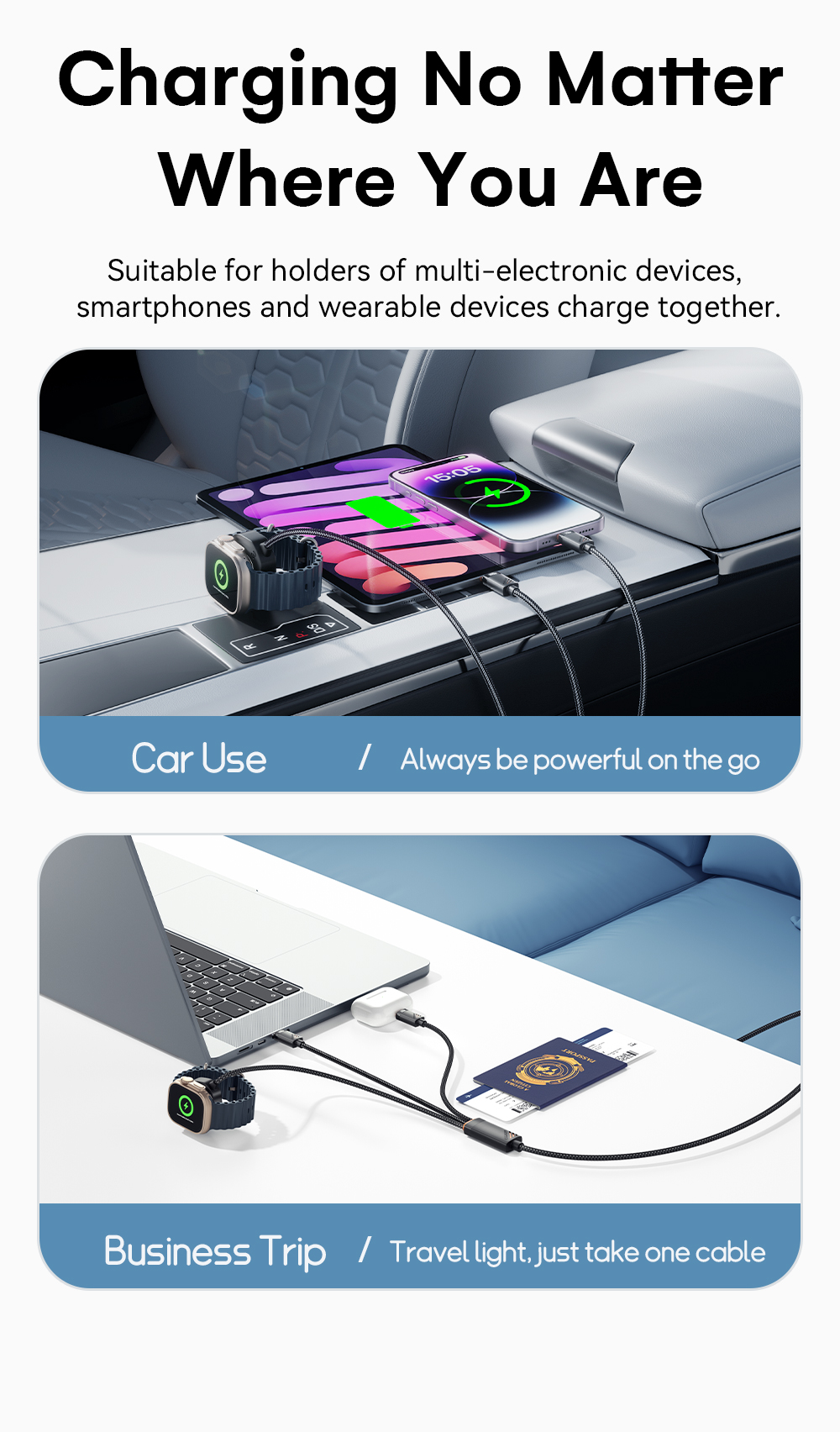 ESSAGER ES-X66 Series 100W USB C to USB C+L+Wireless Watch Charger 3 in 1 Cable