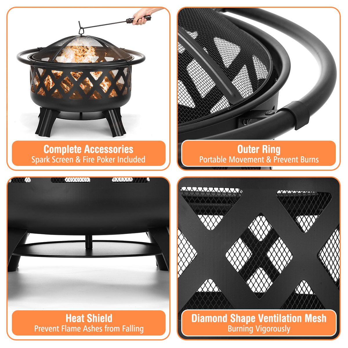 Charcoal Fire Pit for Outdoor and Indoor 30 Inch Steel Wood Burner BBQ Brazier Grill