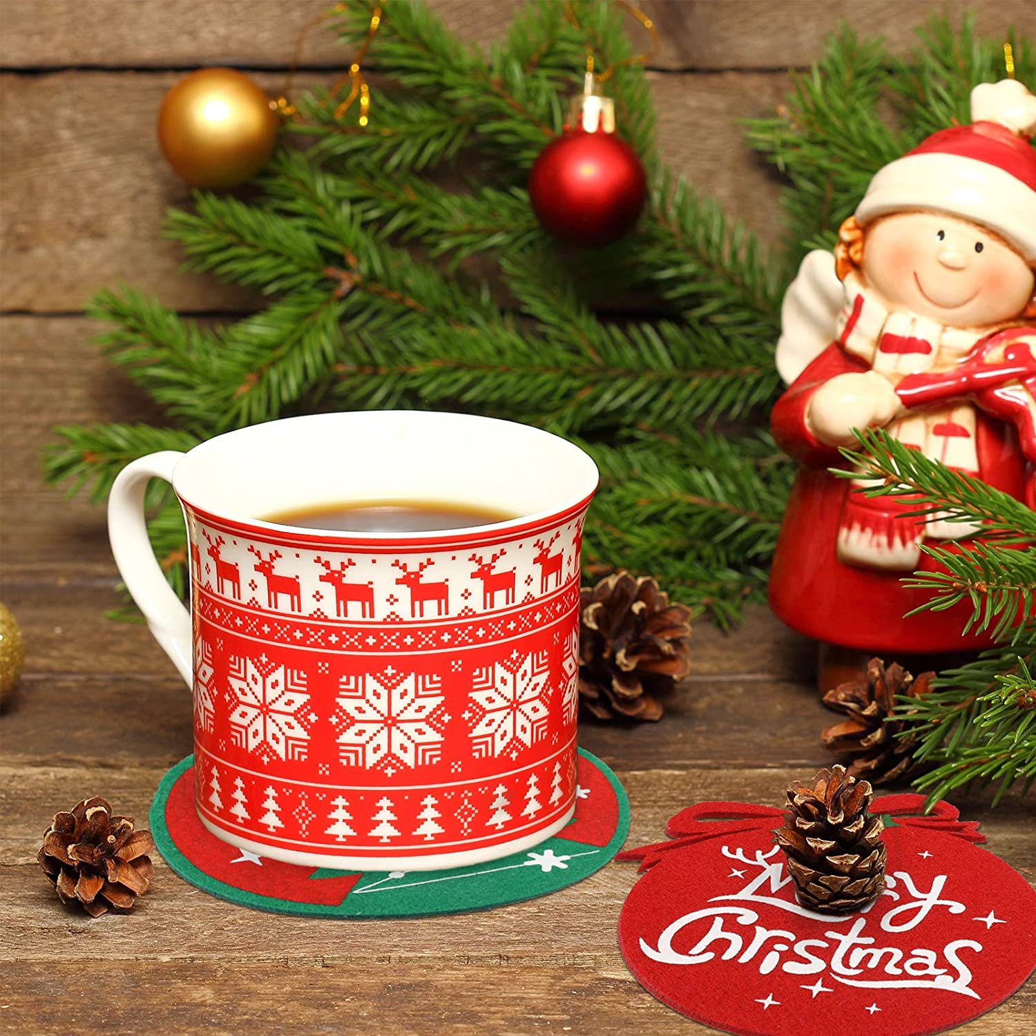 Red Felt Coasters Table Mat Xmas Winter Coffee Cup Mat Ornament