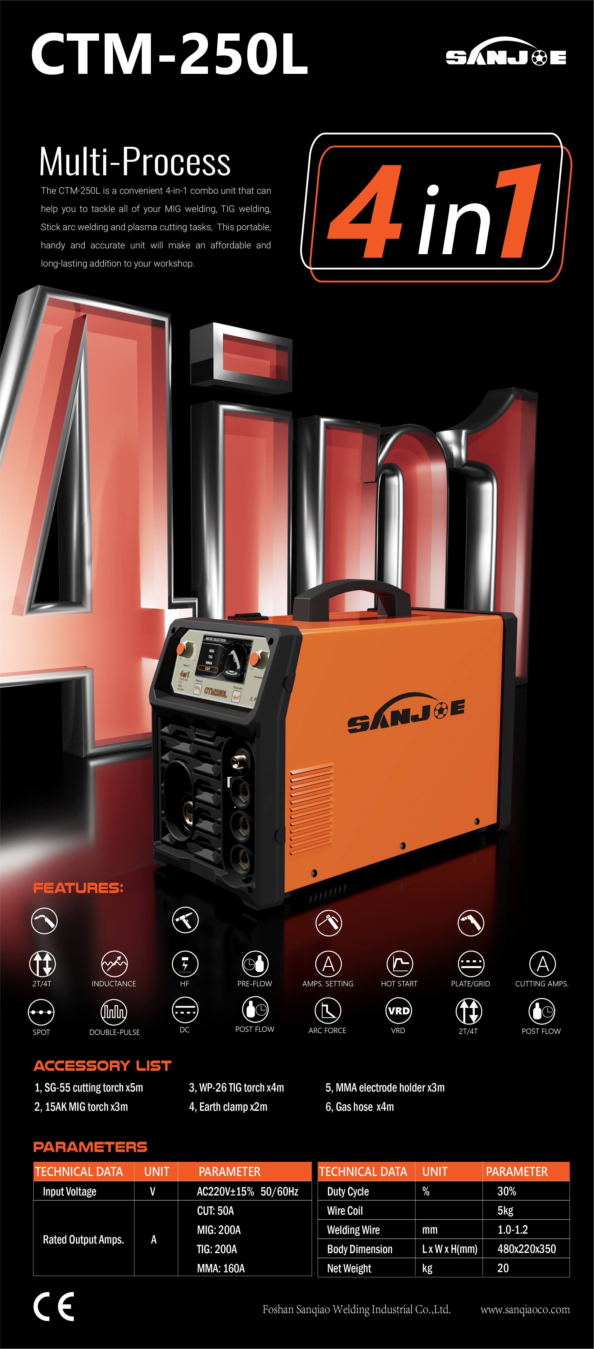Multi Process MIG TIG MMA CUT Combo Welding Unit 4.3 Inch Full Colored Display CTM250L