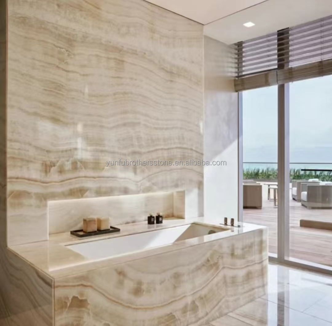 Polished Backlit Onyx Wall Panels and Countertop in Modern White Stone Form Big Slab