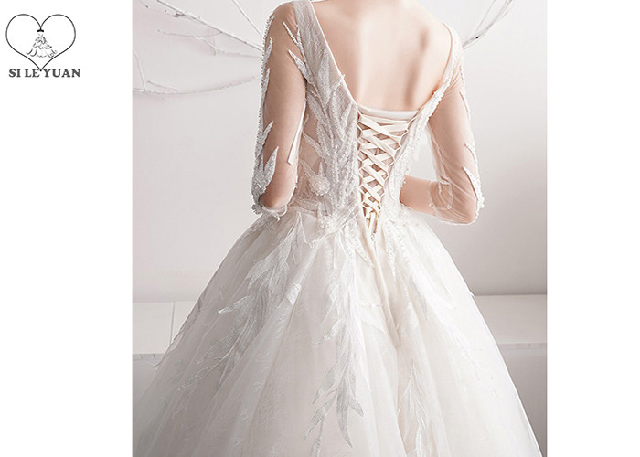 Half Sleeve Lace Ball Gown Wedding Dress Off White Beading V - Neck Back Bandage Floor Length Dress