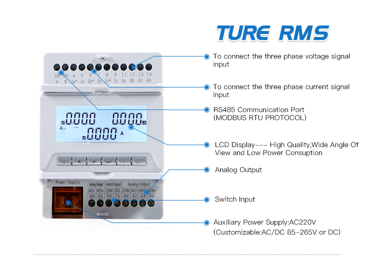 Three Phase Din Rail Mounting LCD display Multifunction Power Meter with RS485 Communication Port