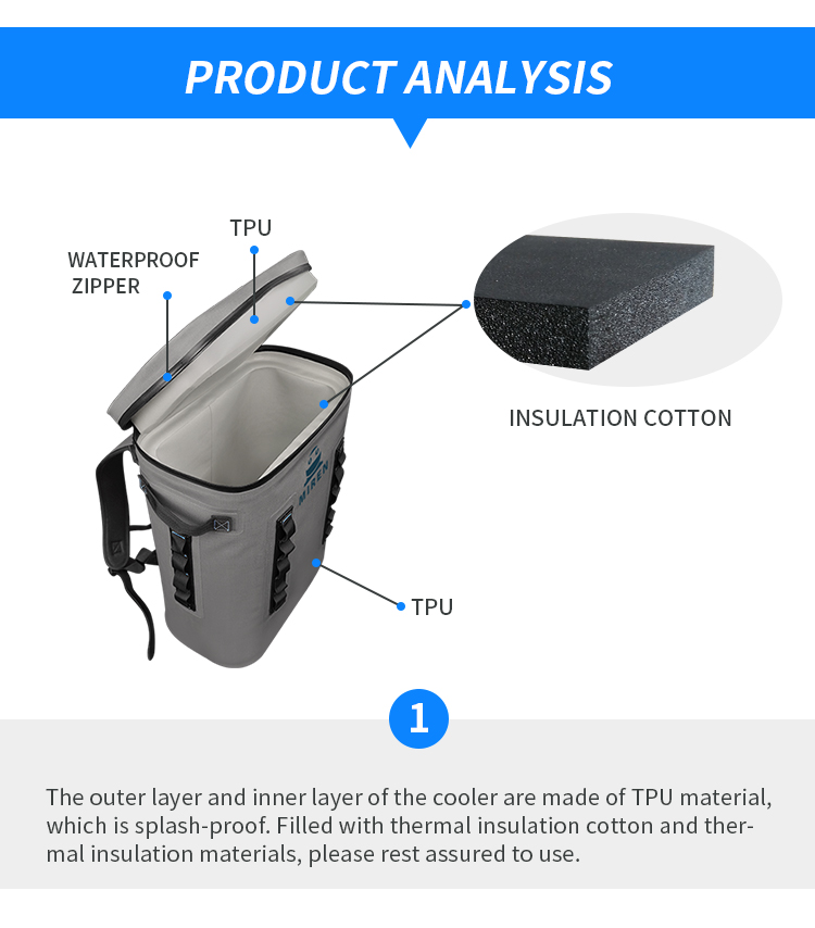 Custom waterproof insulated Nylon 840d Soft Sided Tpu ice backpack Cooler.