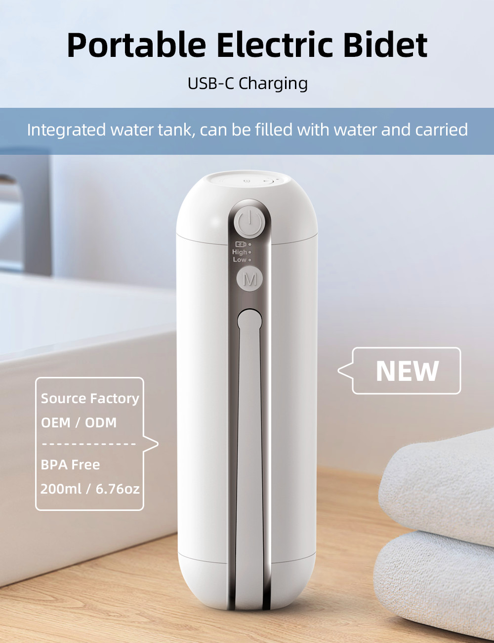 Compact 200ml Water Capacity Portable Electric Bidet 2000mah Battery Capacity 3 Hour Charging