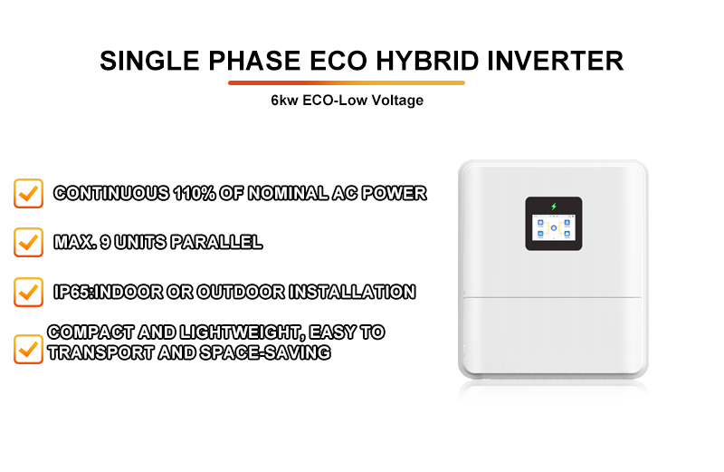 ECO IP65 Single Phase 48V 6kw Hybrid Inverter Low Voltage on Grid Off Grid 6kw Solar Inverter 48V 6kw Solar Inverter with MPPT