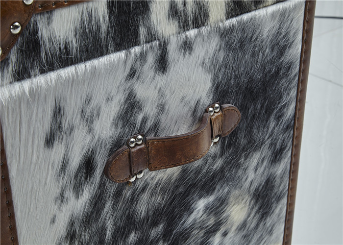 Vintage Style Leather Storage Trunk Cow Leather Fur Material 1 Drawer Top Genuine Handle