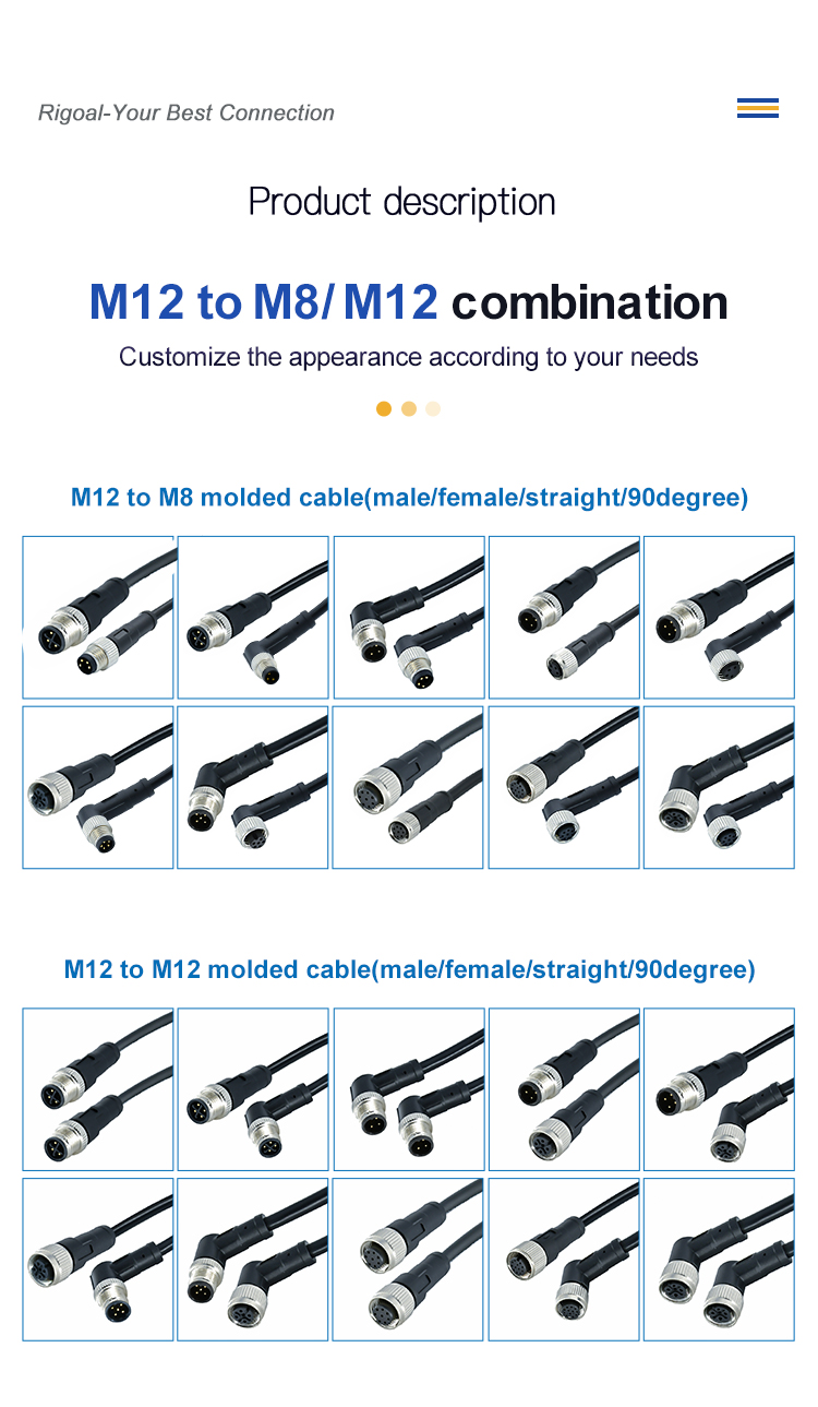 Rigoal M12 to M8 Male Female Waterproof Connector IP67 IP68 3-17 Pin