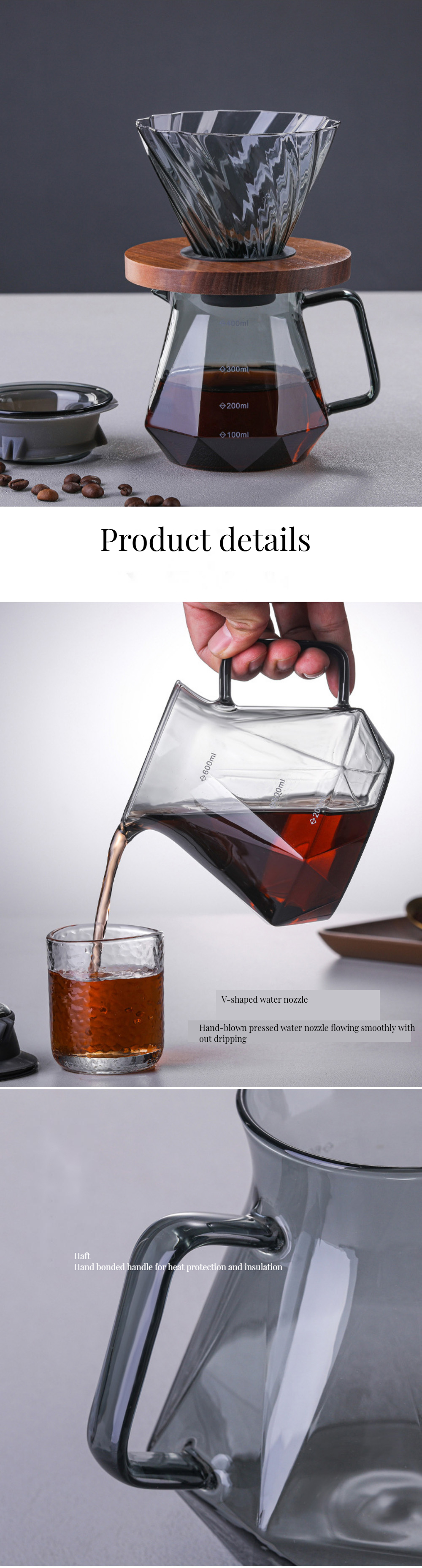 PS Plastic Type Borosilicate Glass Coffee Pot for Heat-Resistant Pour over Server