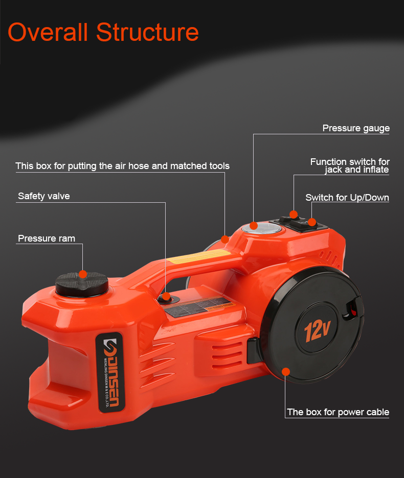 dinsen portable handle electric jack with tyre inflator pump