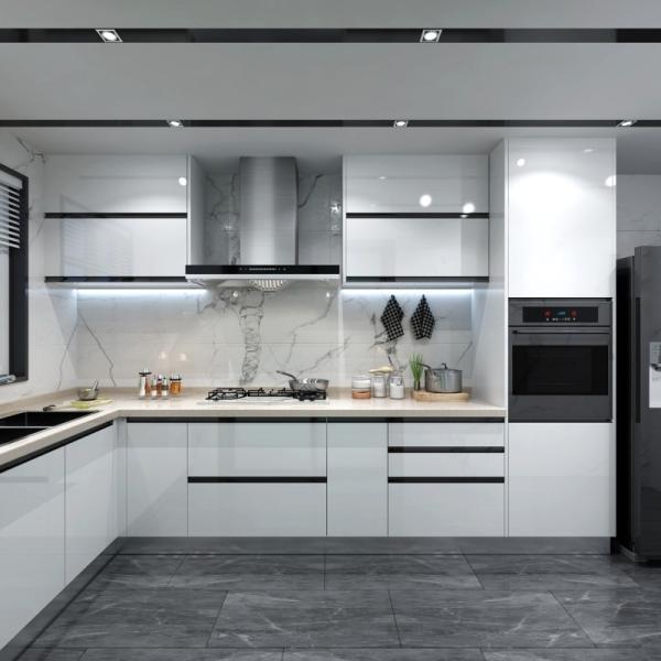 Luxury Zambia Solid Wood White Glossy Silver Kitchen Cabinet Temperature Control