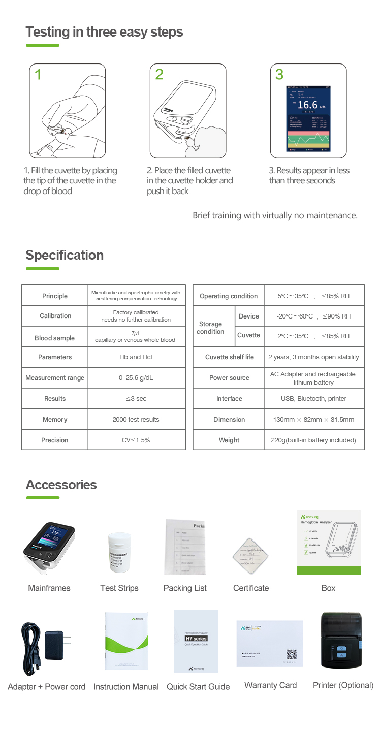 H7 high accuracy blood hemoglobin analyzer medical rapid POCT device for medical use