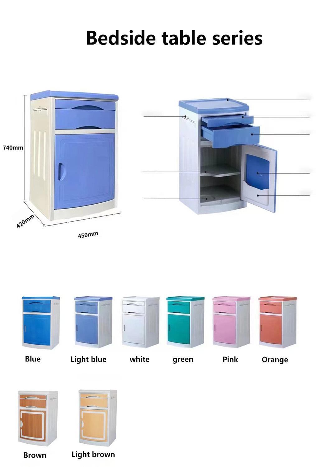 Lightweight Hospital Bedside Nightstand ABS Fireproof Easy Installation