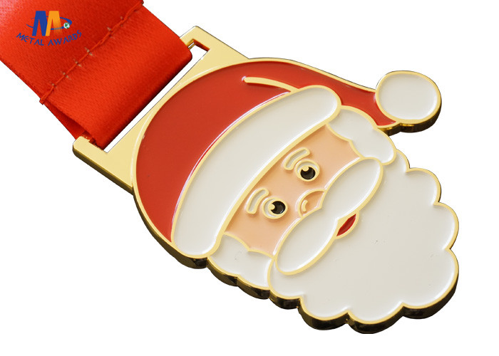 Santa Claus And Christmas Metal Stock Medals With Enamel And Sublimated Ribbon