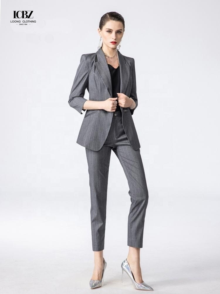 Solid Pattern Women's Office Wear Custom Dark Gray Striped Professional Work Suit