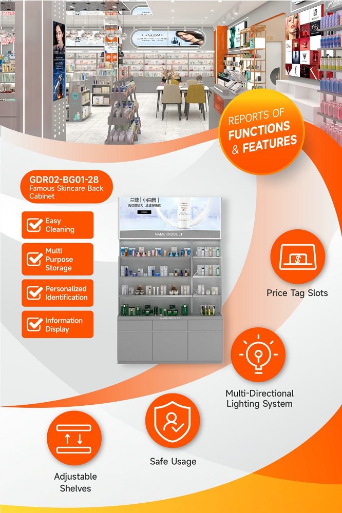 GDR02-BG01-28 Skincare Display Cabinet with 60mm Soft Film Light Box and Flash Silver Wallpaper for Fashion Boutiques