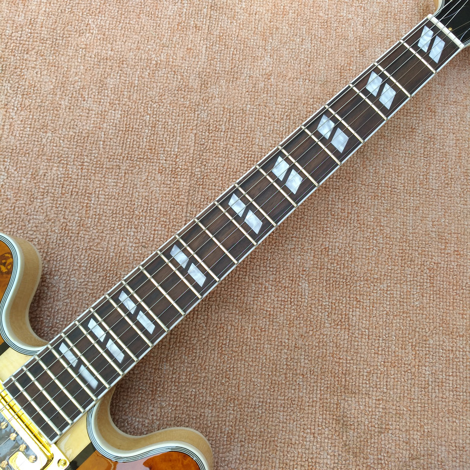 Hollow body jazz 335 electric guitar, Maple top gold hardware electric guitar with Tremolo system, free shipping