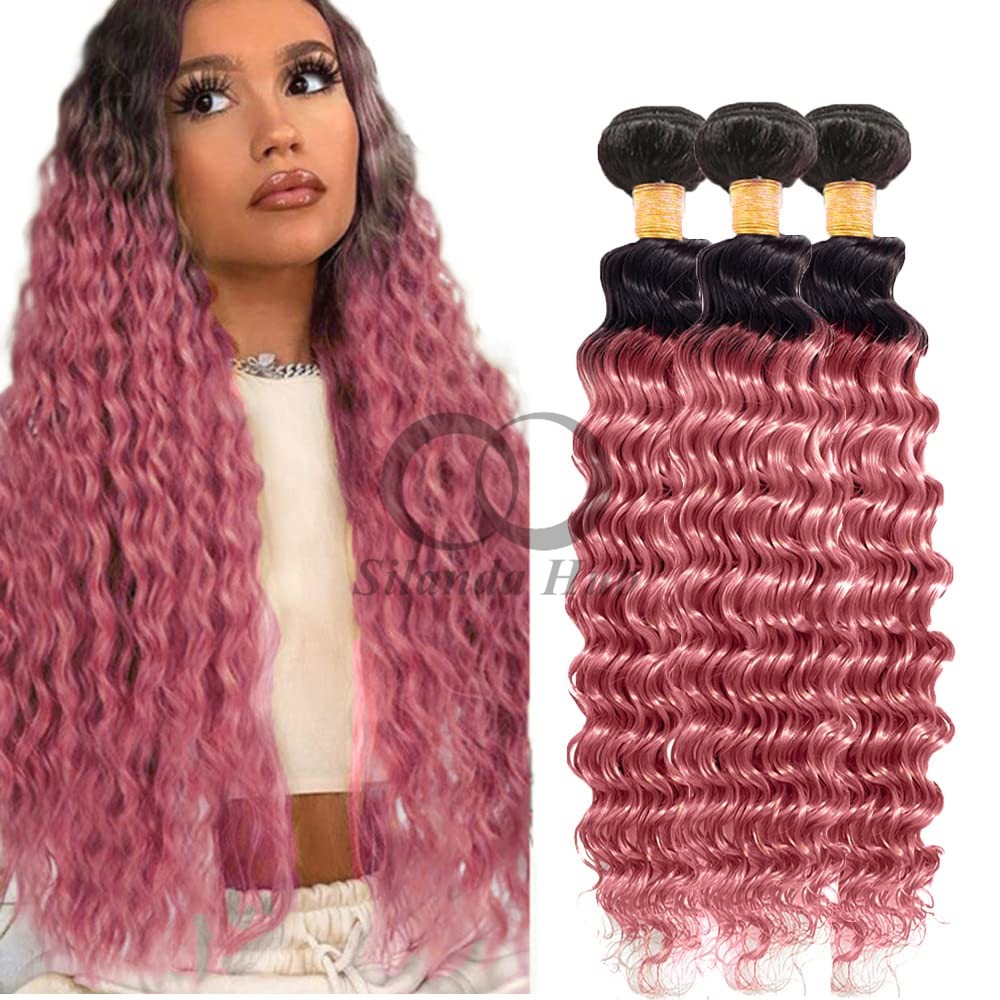 #T1B/Pink Deep Wave Remy Human Hair Bundles Sew In Weave Bundles Brazilian Bundle Deals