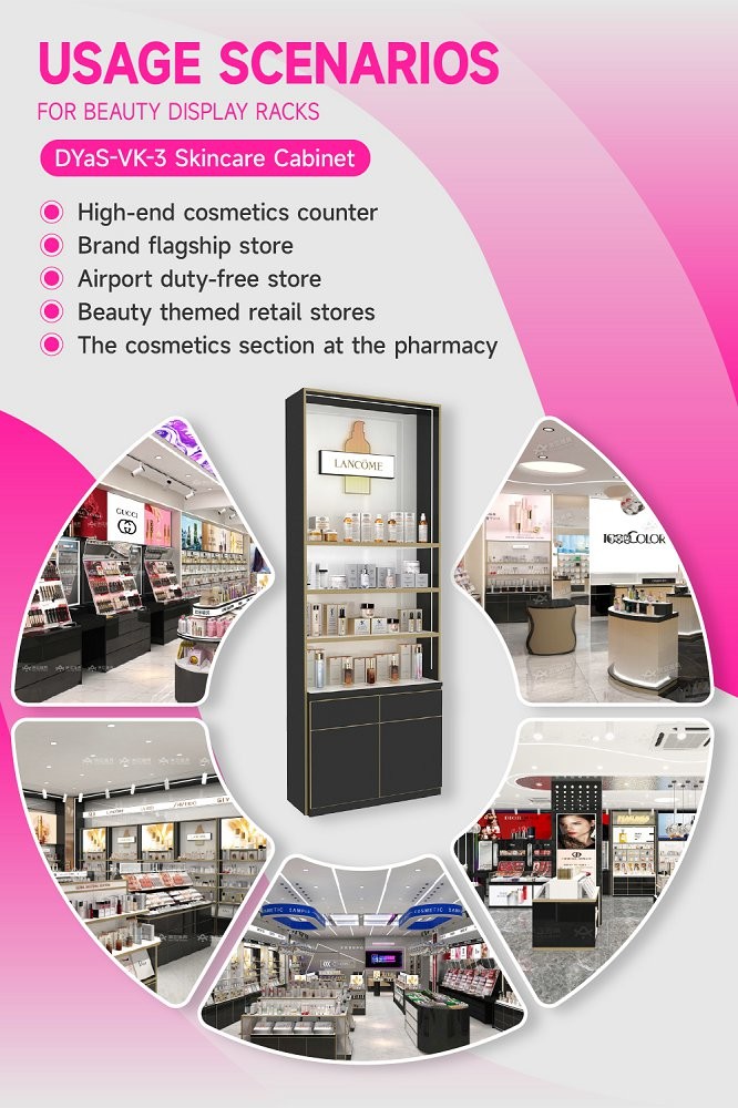 DYaS-VK-3 Skincare Display Cabinet with 40mm Acrylic Lightbox and Gold Edging