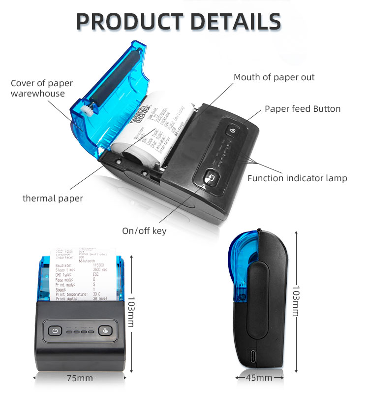 130*116*60mm Date Code Handheld Android Portable Mini 58mm Thermal Printer for Takeaway
