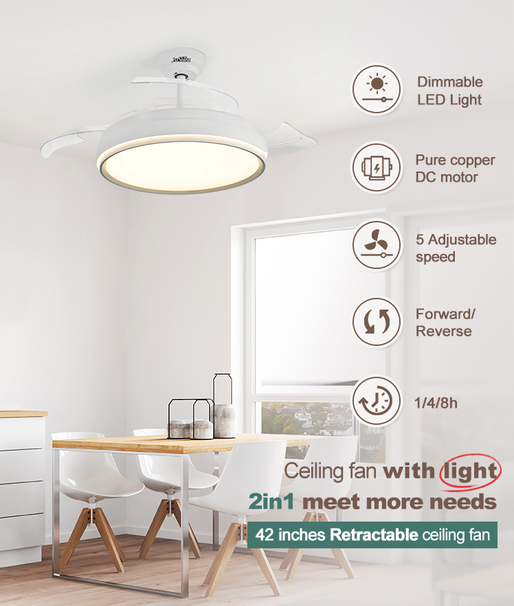 Contemporary Design 5 Speed LED Ceiling Fan with Hidden Blades 42 Inch Space Saver