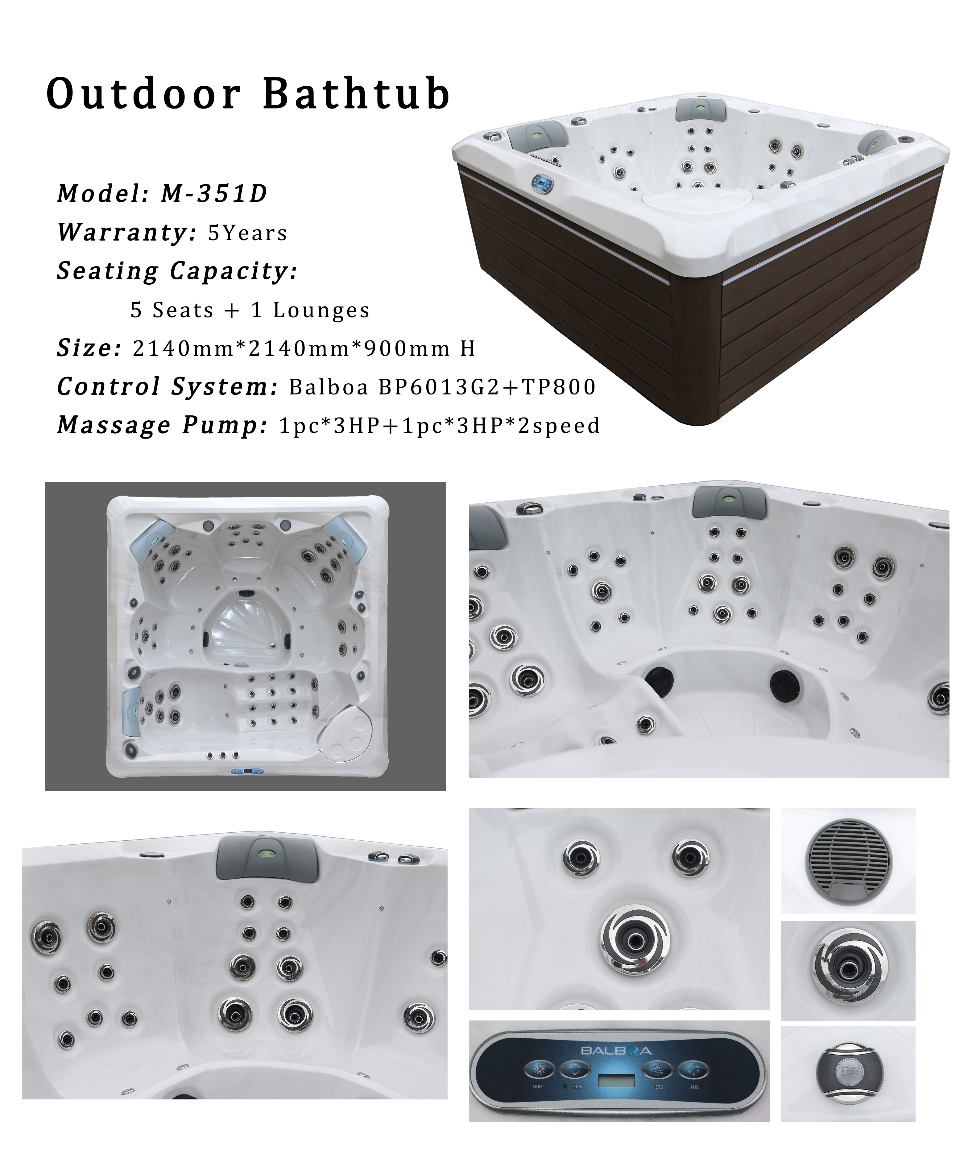 Modern Freestanding 6 Person Outdoor Spa CE Bathtub Whirlpool Hydro Massage Spa Tub